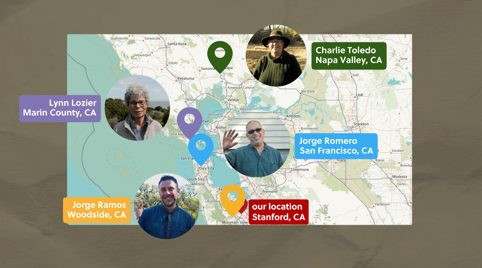 Map that shows the four experts the team will visit around the greater Bay Area, Dr.Jorge Ramos, Jorge Romero, Lynn Lozier, and Charlie Toledo